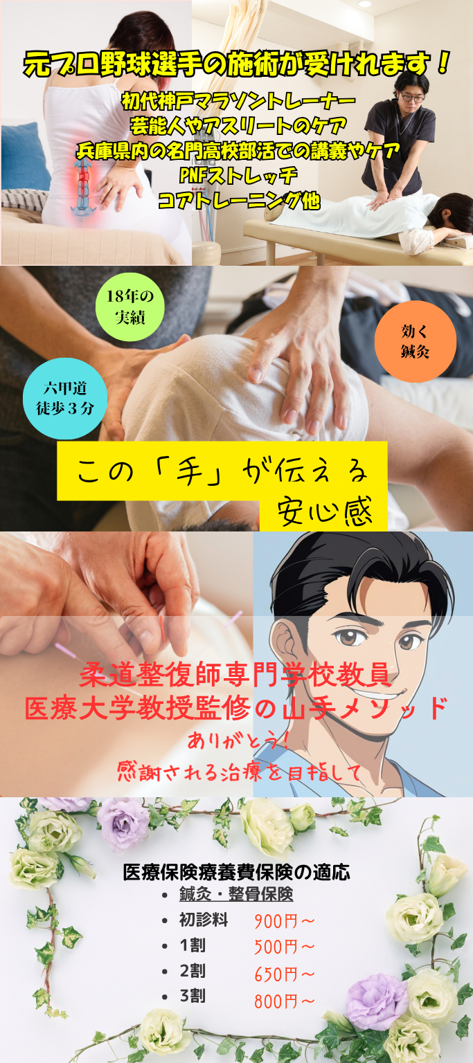 灘六甲道の山手接骨院。元プロ野球選手（西武ライオンズ）や専門学校教員、大学教員が施術を監修。安心の手の技術。 AKA,カイロプラクティック、筋膜リリース、トリガーポイント、体性内蔵反射療法、PNFストレッチ